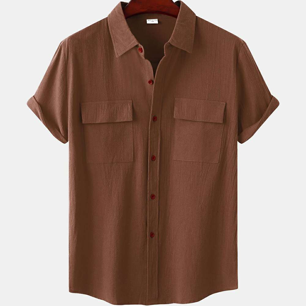 Solid color double pocket linen short sleeve shirt for men Solid color double pocket linen short sleeve shirt for men