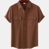 Solid color double pocket linen short sleeve shirt for men Solid color double pocket linen short sleeve shirt for men