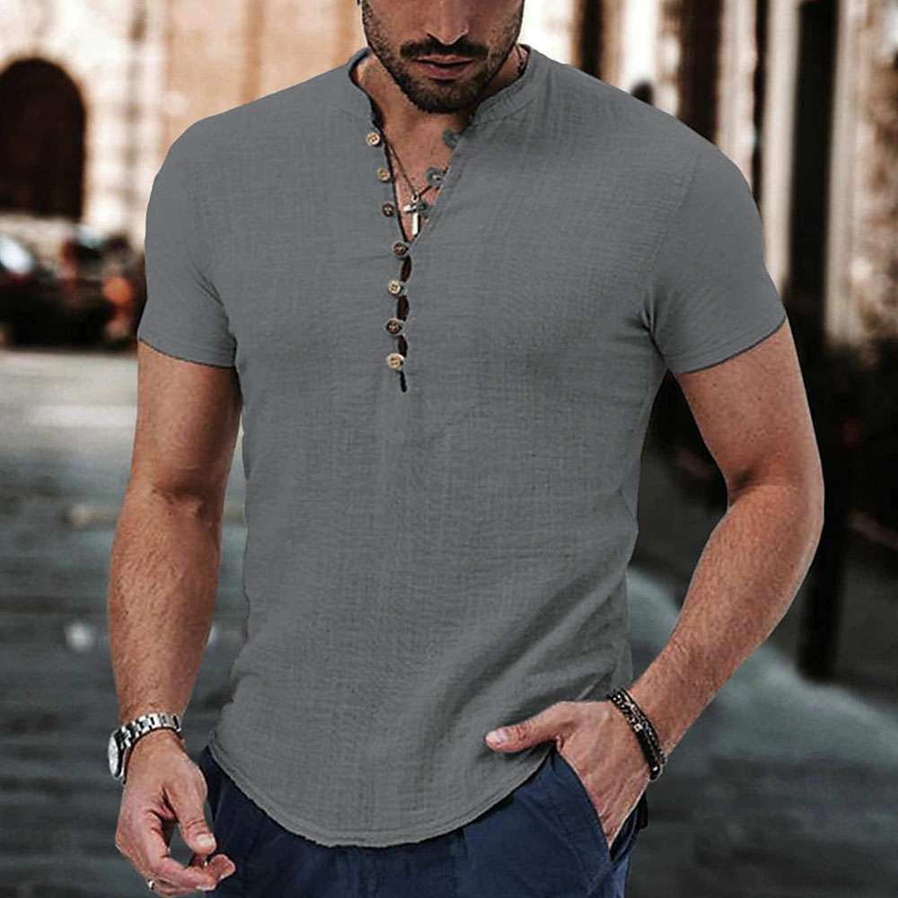 Summer Men's Breathable Linen V-Neck Button Short Sleeve Shirt Summer Men's Breathable Linen V-Neck Button Short Sleeve Shirt