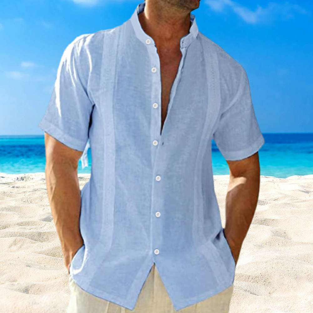 Men's New Casual Cotton Linen Stand Collar Short Sleeve Shirt P1068 Men's New Casual Cotton Linen Stand Collar Short Sleeve Shirt P1068