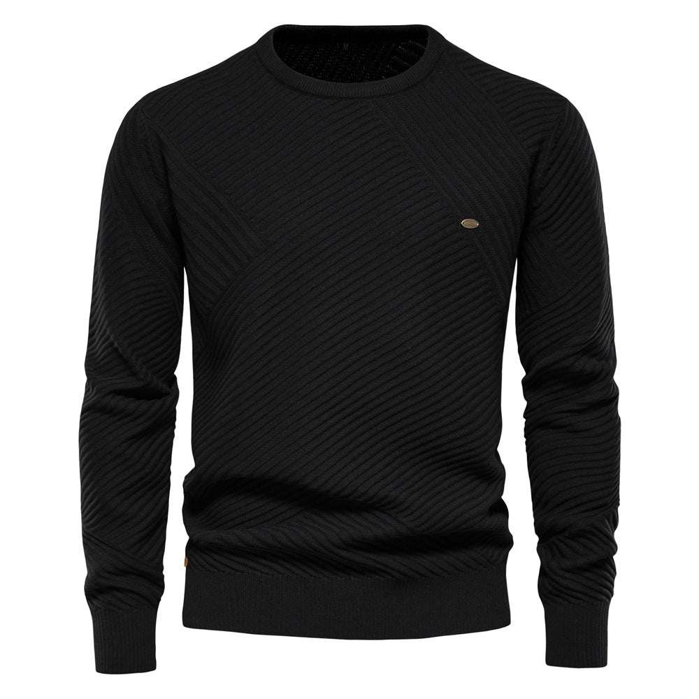 Autumn and winter new men's solid color striped pullover sweater