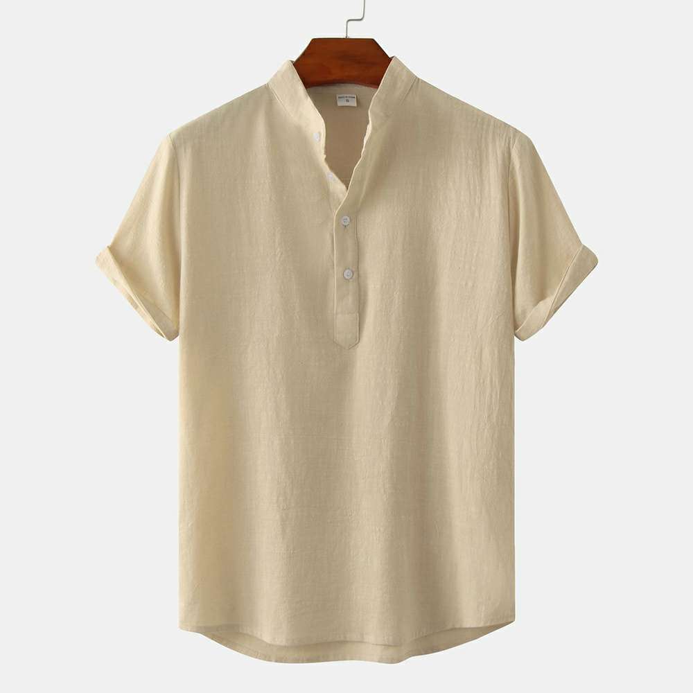 Cotton Linen Stand Collar Casual Short Sleeve Shirt Beach T-Shirt Cotton Linen Stand Collar Casual Short Sleeve Shirt Beach T-Shirt