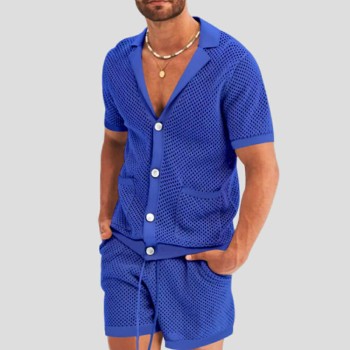 Summer new men's hollow icy breathable casual thin short-sleeved shorts suit
