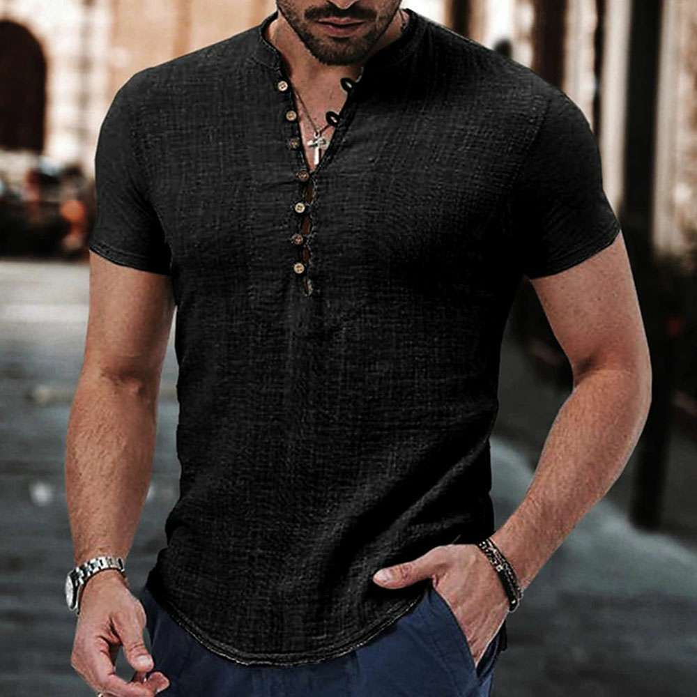 Summer Men's Breathable Linen V-Neck Button Short Sleeve Shirt Summer Men's Breathable Linen V-Neck Button Short Sleeve Shirt