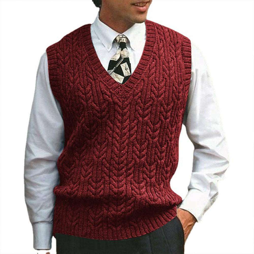 Men's cable plain color V-neck casual knitted vest