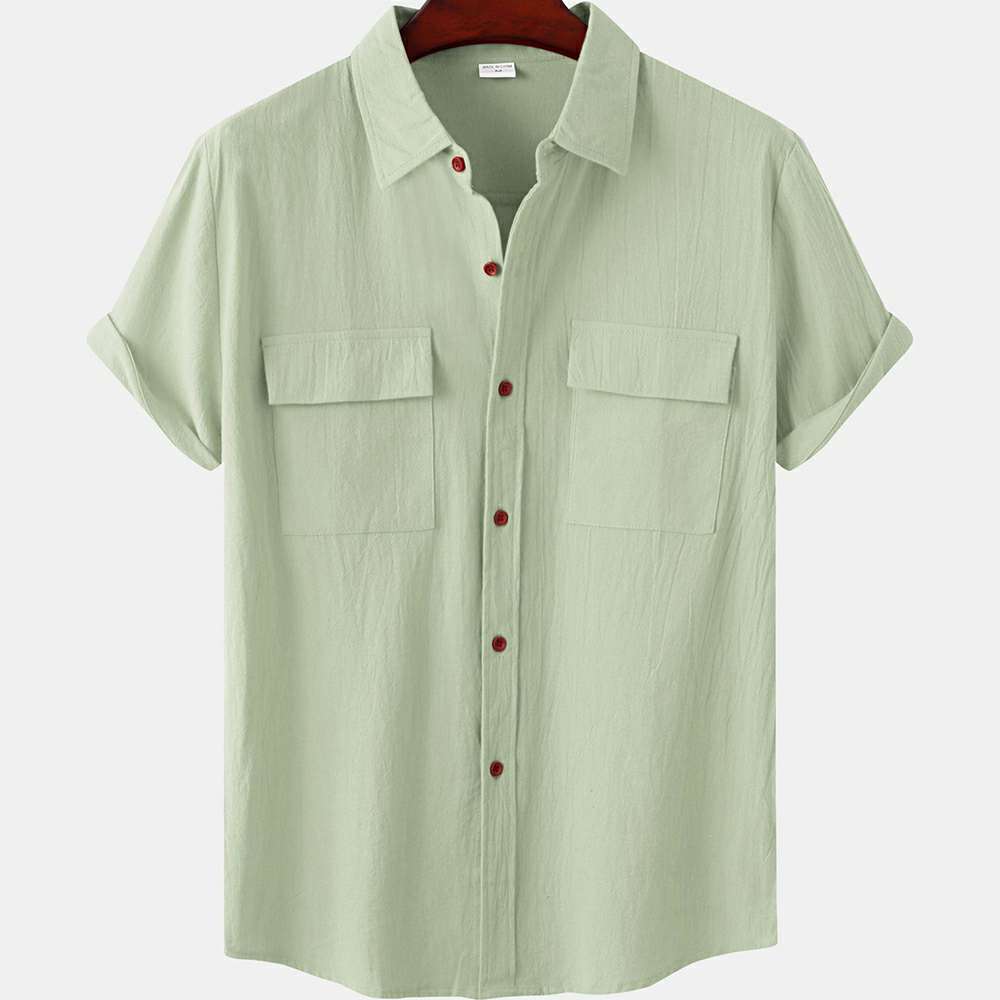 Solid color double pocket linen short sleeve shirt for men Solid color double pocket linen short sleeve shirt for men