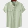 Solid color double pocket linen short sleeve shirt for men Solid color double pocket linen short sleeve shirt for men