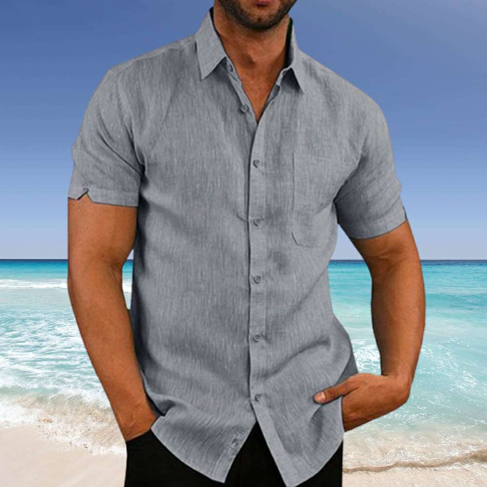 Men's New Solid Color Lapel Button Short Sleeve Shirt