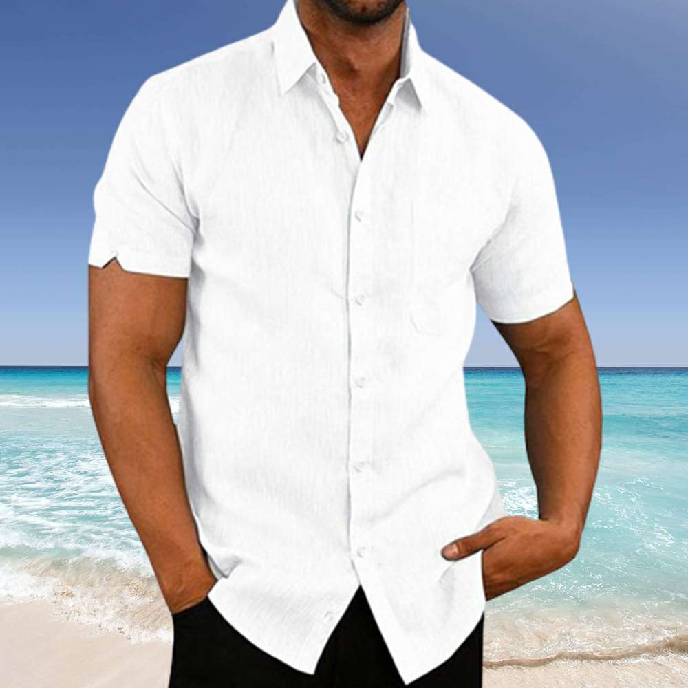 Men's New Solid Color Lapel Button Short Sleeve Shirt