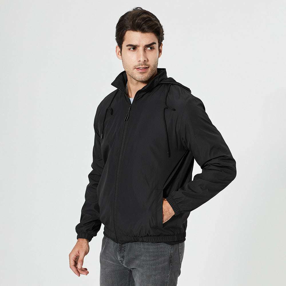 Men's Solid Color Stand Collar Hooded Jacket