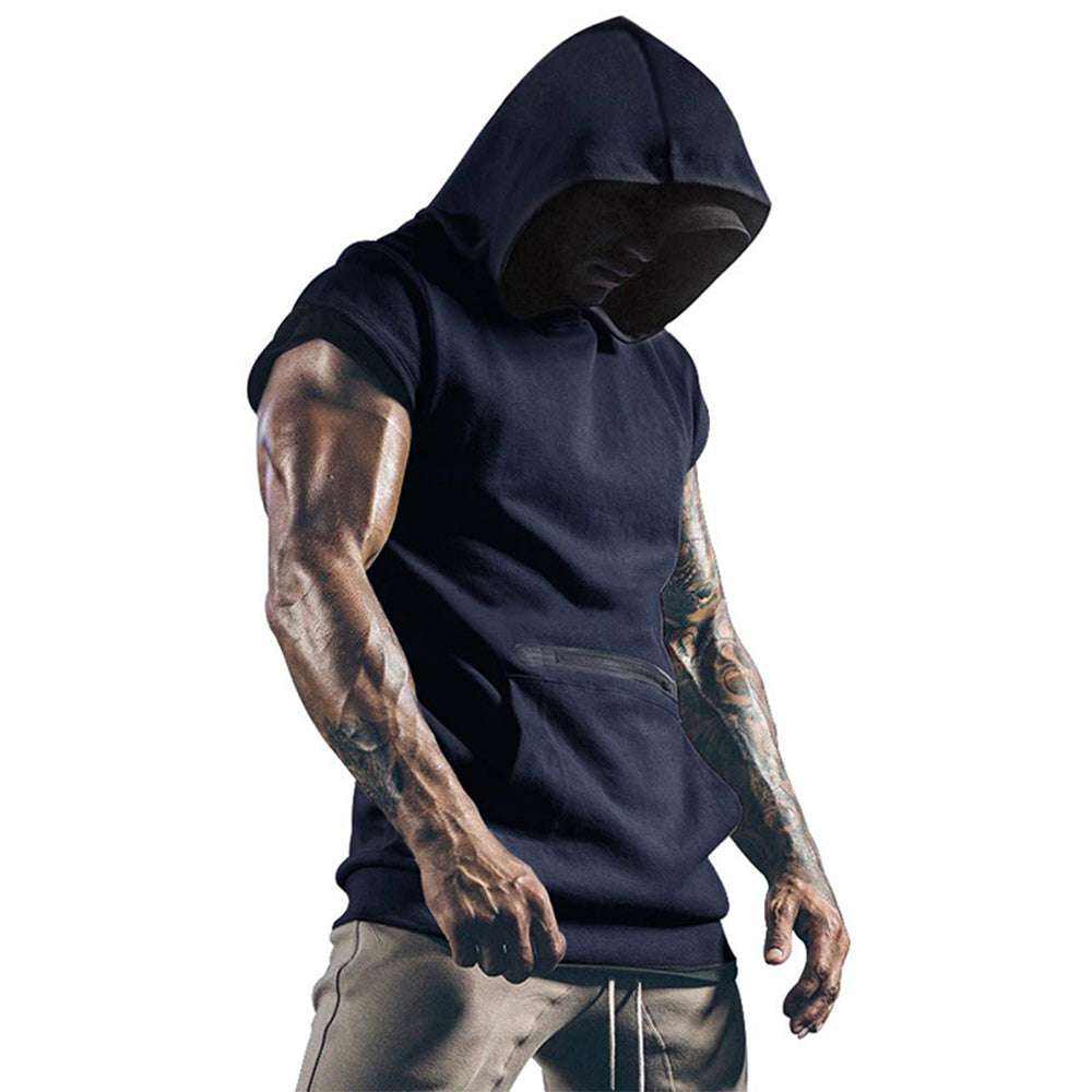 Men's Sleeveless Sports Vest Outdoor Fitness Solid Color Hoodie