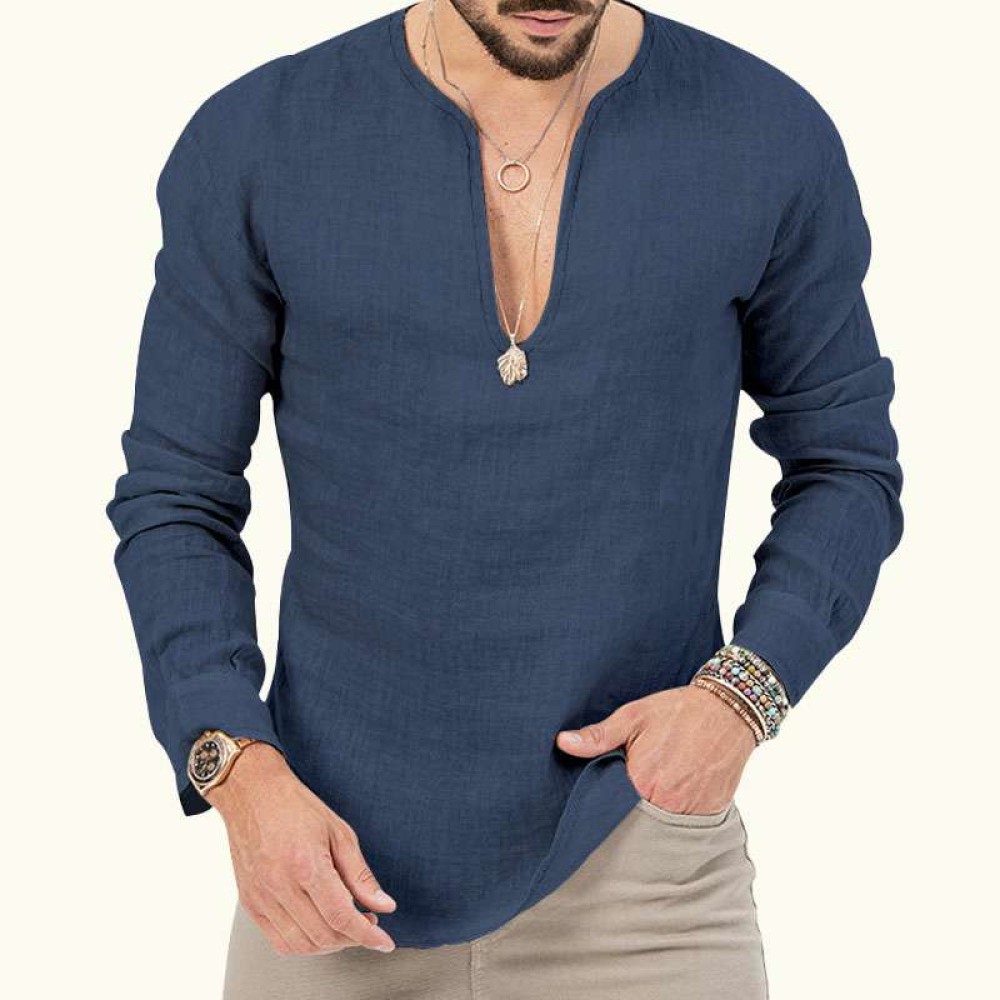 Cotton linen deep v-neck solid color large size long-sleeved T-shirt shirt Cotton linen deep v-neck solid color large size long-sleeved T-shirt shirt