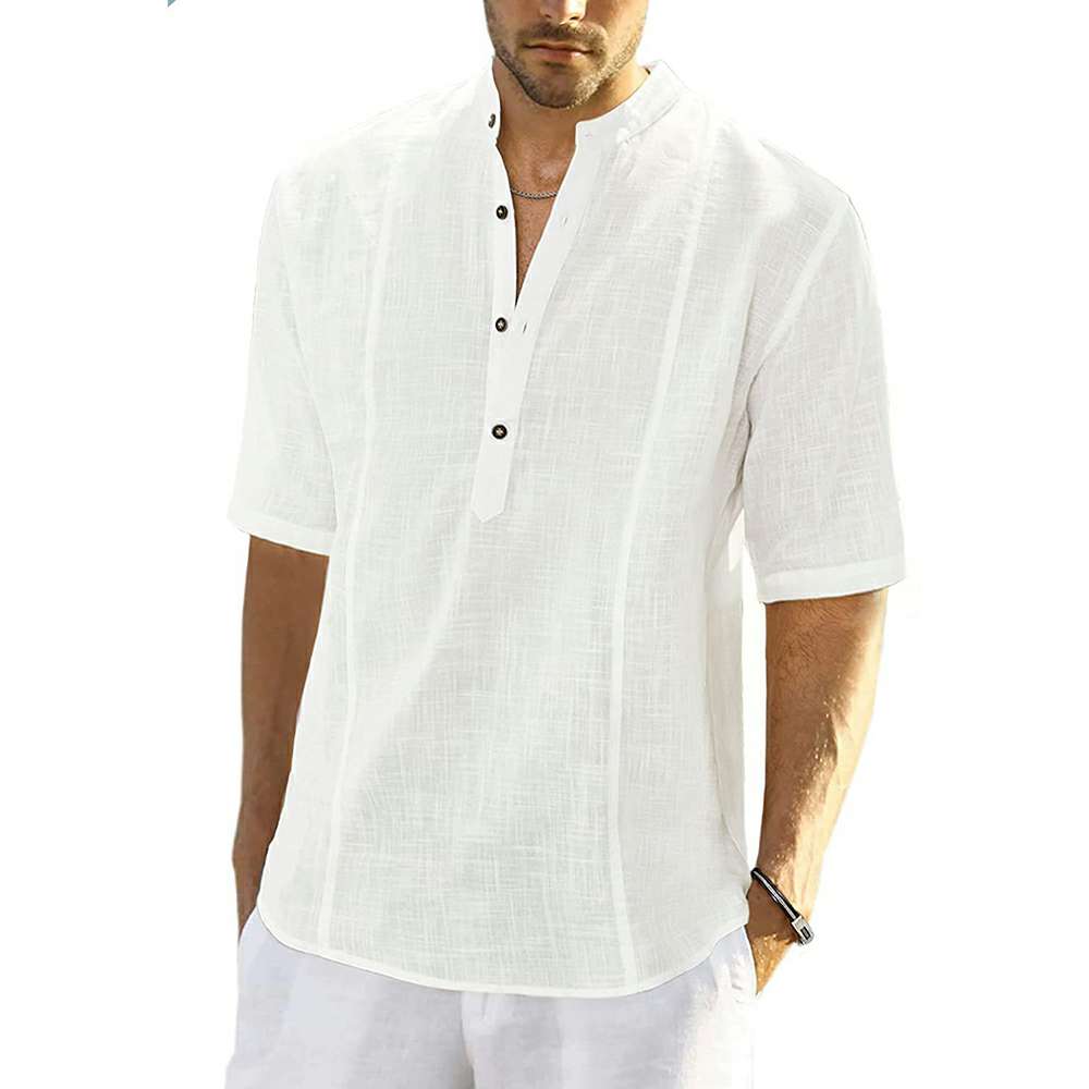 Cotton Linen Stand Collar Button Short Sleeve Shirt P1050 Cotton Linen Stand Collar Button Short Sleeve Shirt P1050