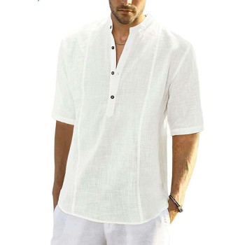 Cotton Linen Stand Collar Button Short Sleeve Shirt P1050
