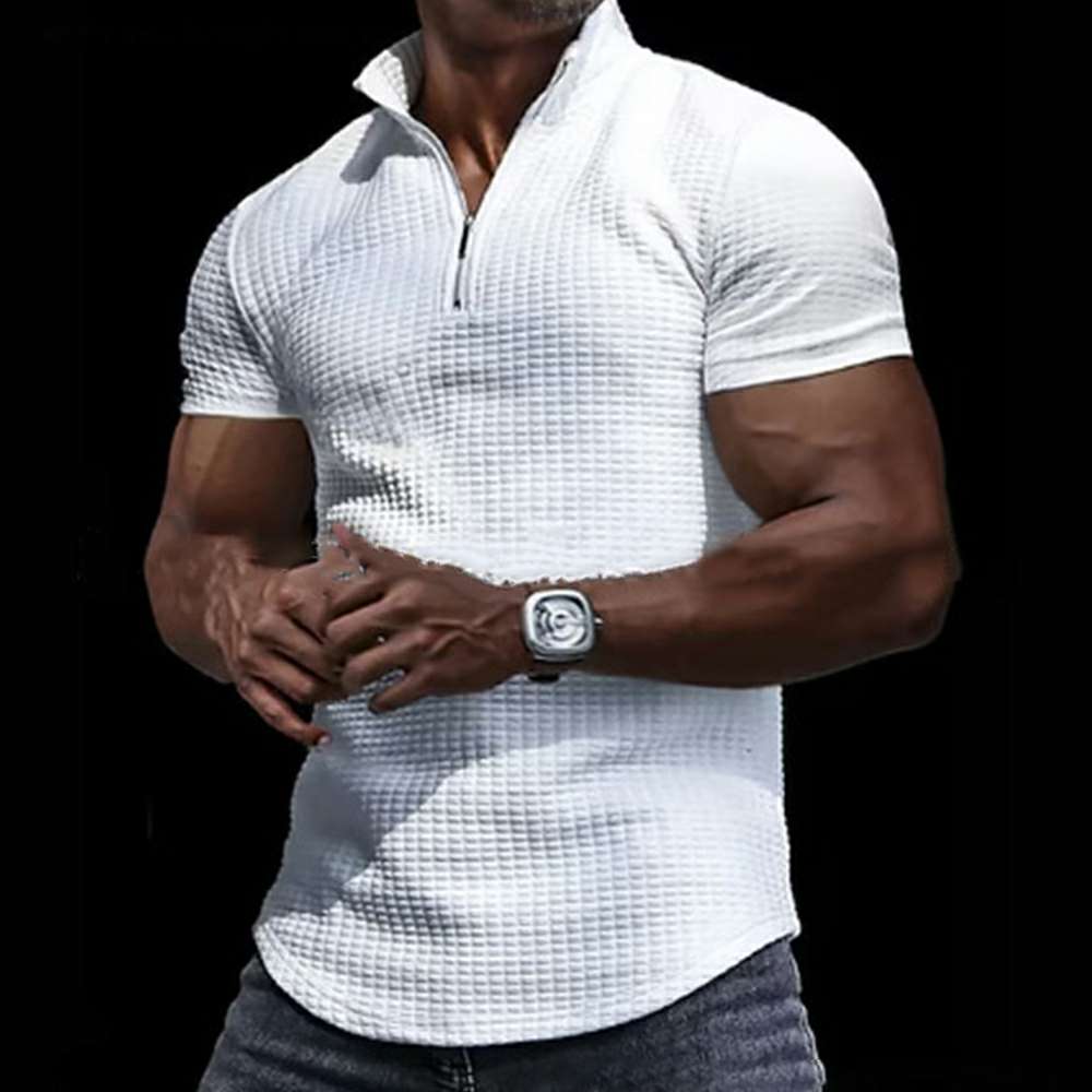Men's Summer Breathable Solid Color Short Sleeve Zipper Waffle Polo Shirt P1104 Men's Summer Breathable Solid Color Short Sleeve Zipper Waffle Polo Shirt P1104