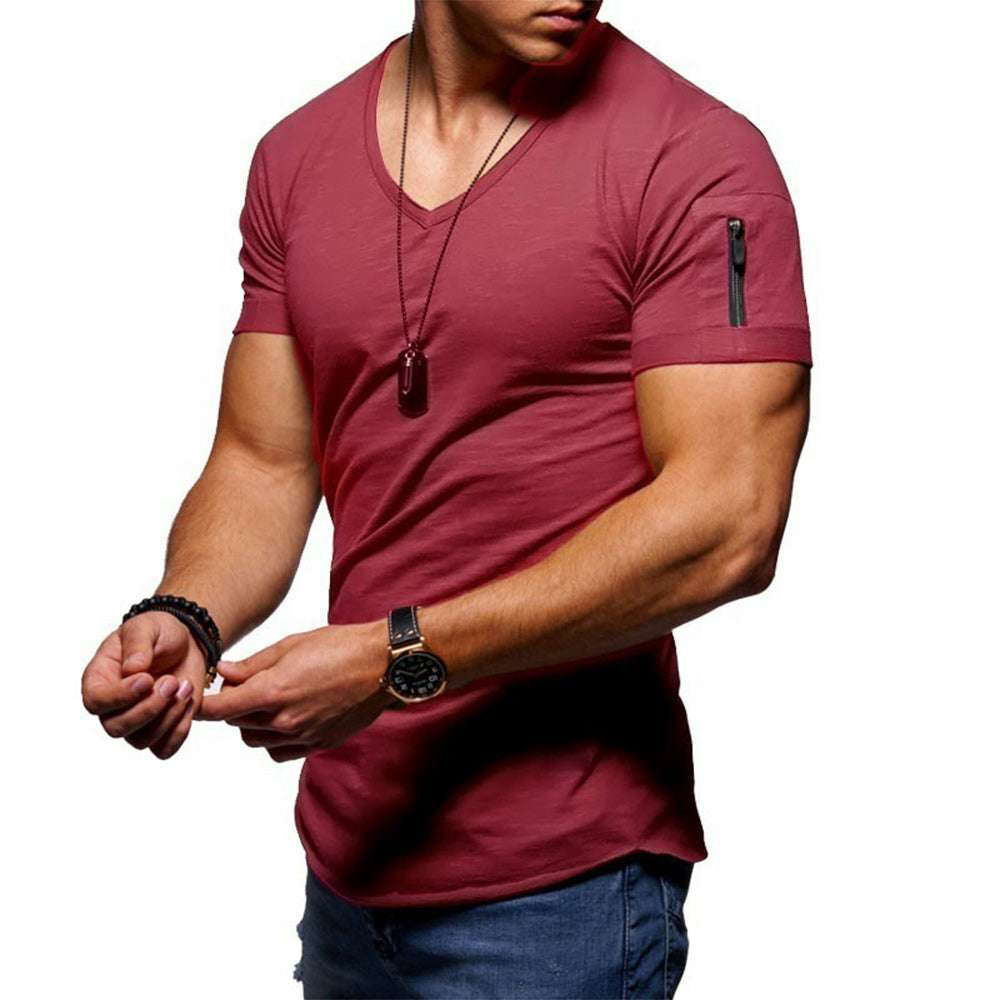 Men's Zipper Short Sleeve V-Neck T-Shirt