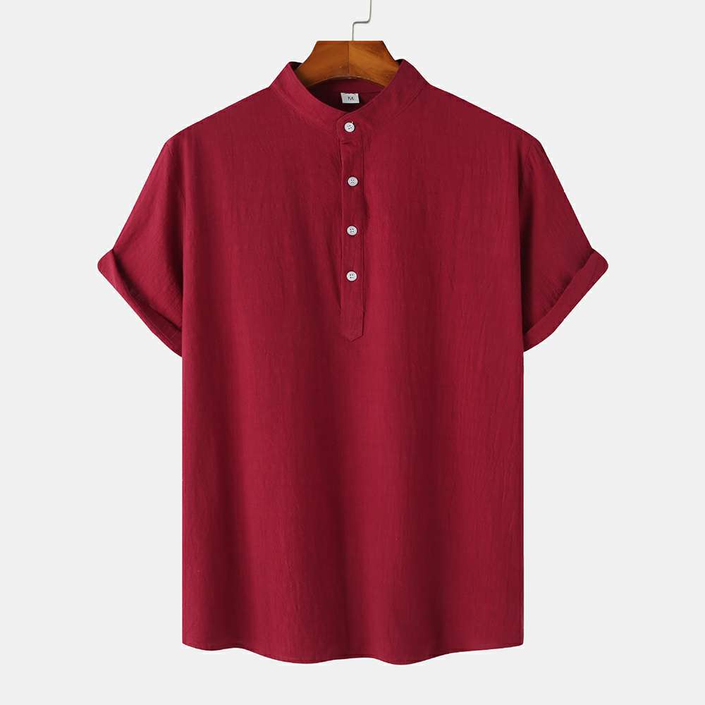 Cotton Linen Stand Collar Casual Short Sleeve Shirt Beach T-Shirt Cotton Linen Stand Collar Casual Short Sleeve Shirt Beach T-Shirt