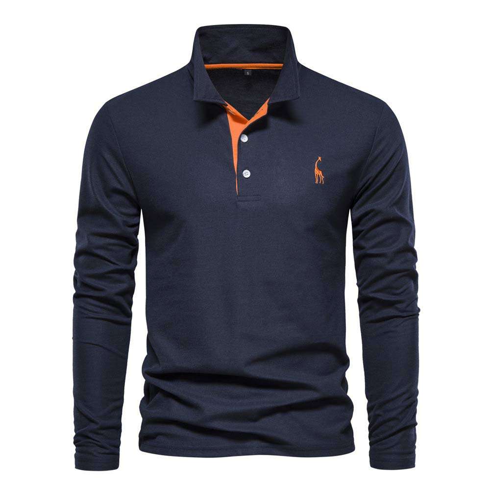 New Men's Fawn Embroidered Solid Color Long Sleeve Polo Shirt New Men's Fawn Embroidered Solid Color Long Sleeve Polo Shirt