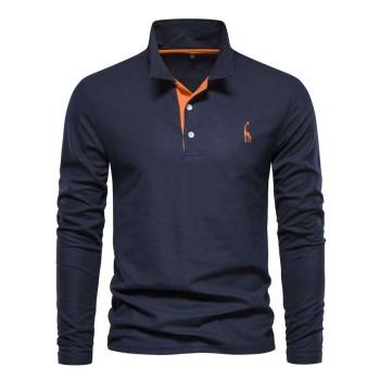 New Men's Fawn Embroidered Solid Color Long Sleeve Polo Shirt