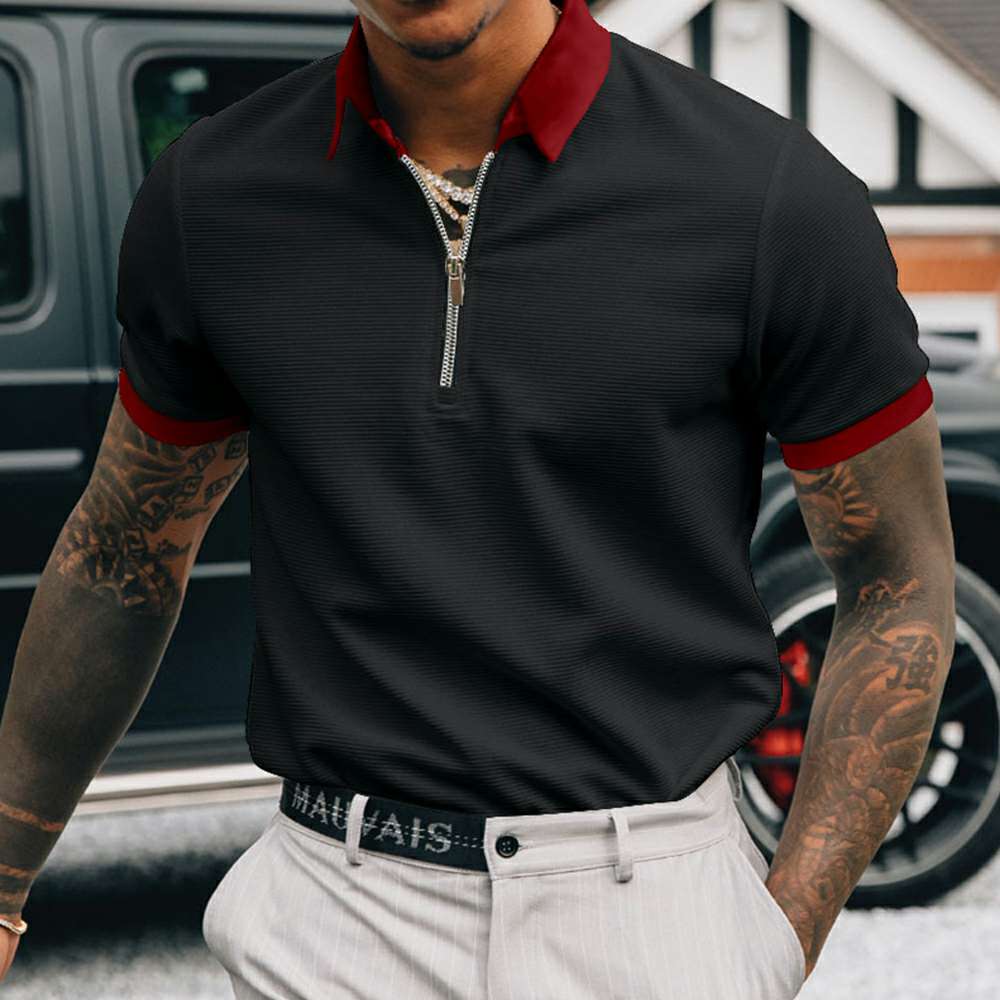 Men's Solid Color Zipper Lapel Polo T-Shirt