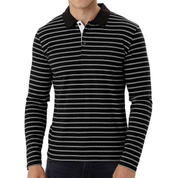 New Men Striped Casual Breathable Long Sleeve Polo Shirt