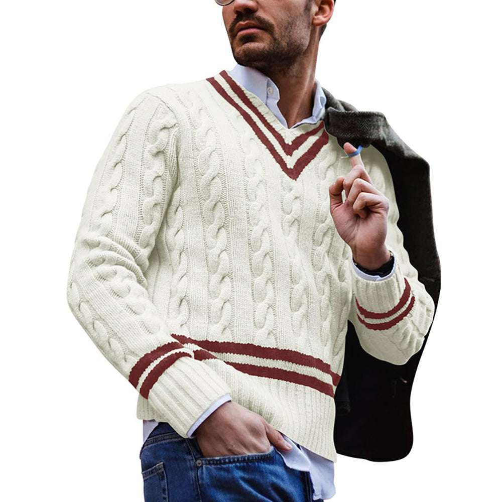 Autumn/Winter Men's V-Neck Striped Colorblock Sweater Autumn/Winter Men's V-Neck Striped Colorblock Sweater