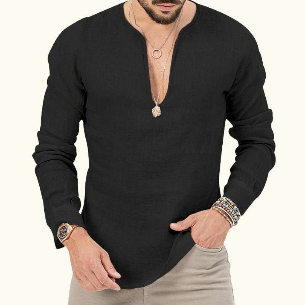 Cotton linen deep v-neck solid color large size long-sleeved T-shirt shirt Cotton linen deep v-neck solid color large size long-sleeved T-shirt shirt