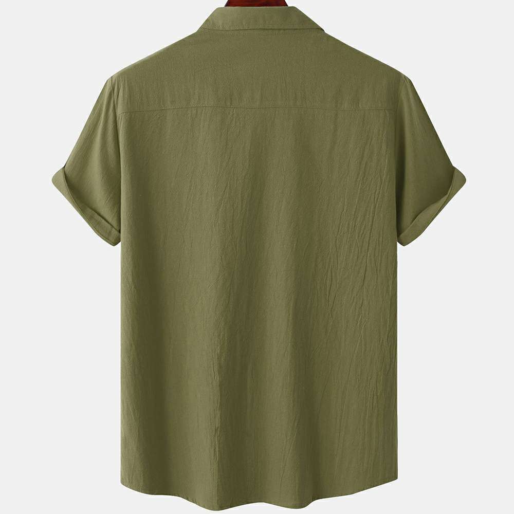 Solid color double pocket linen short sleeve shirt for men Solid color double pocket linen short sleeve shirt for men