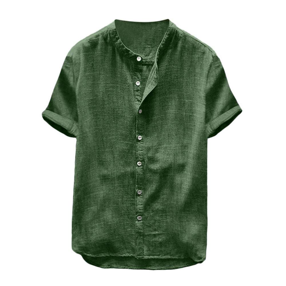 Men's stand collar short sleeve cotton linen shirt