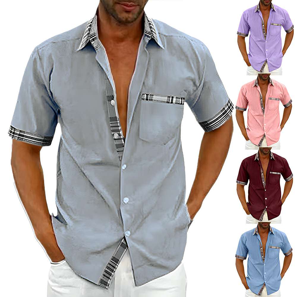 New summer men's solid color casual plaid shirt New summer men's solid color casual plaid shirt