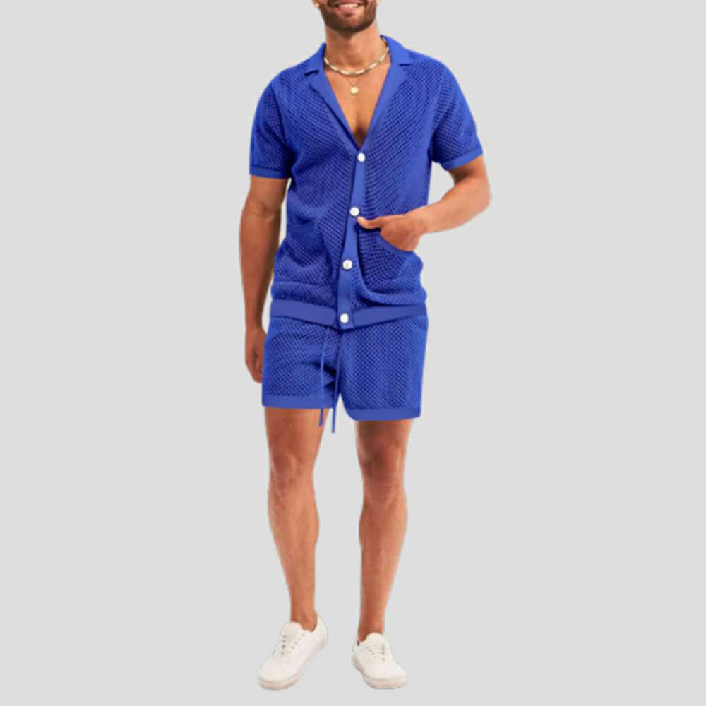 Summer new men's hollow icy breathable casual thin short-sleeved shorts suit Summer new men's hollow icy breathable casual thin short-sleeved shorts suit