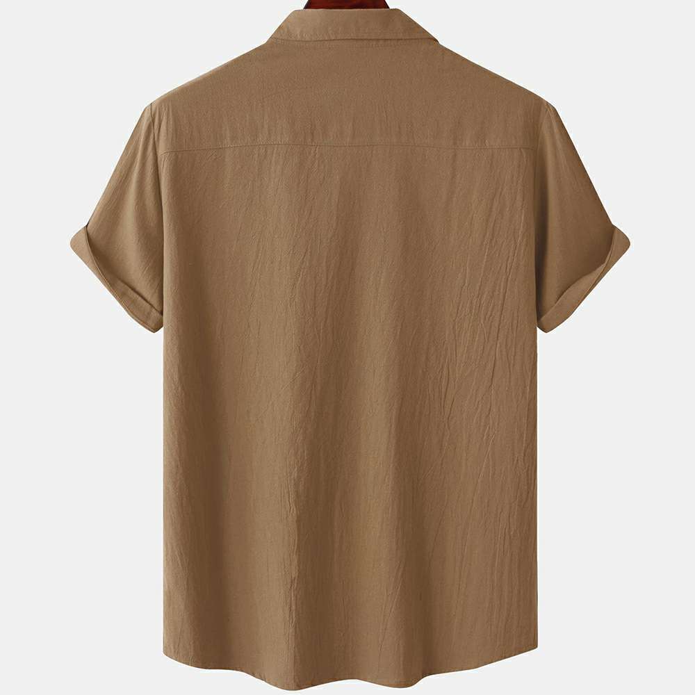 Solid color double pocket linen short sleeve shirt for men Solid color double pocket linen short sleeve shirt for men