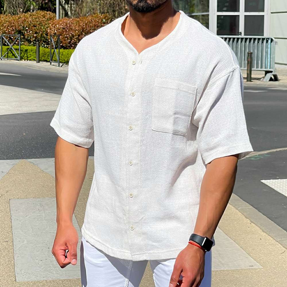 Summer new men's cotton linen short-sleeved button cardigan Summer new men's cotton linen short-sleeved button cardigan