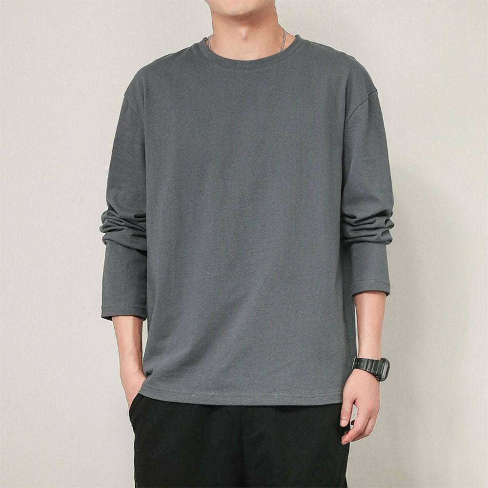 Men's basic solid color cotton round neck loose long-sleeved bottoming shirt