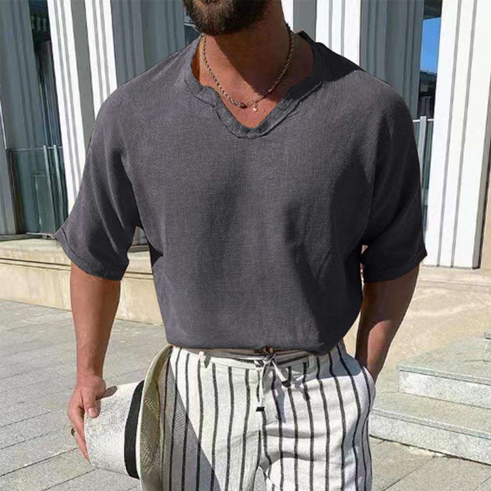 Summer new men's solid color V-neck cotton and linen short sleeves Summer new men's solid color V-neck cotton and linen short sleeves