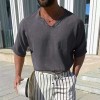 Summer new men's solid color V-neck cotton and linen short sleeves Summer new men's solid color V-neck cotton and linen short sleeves