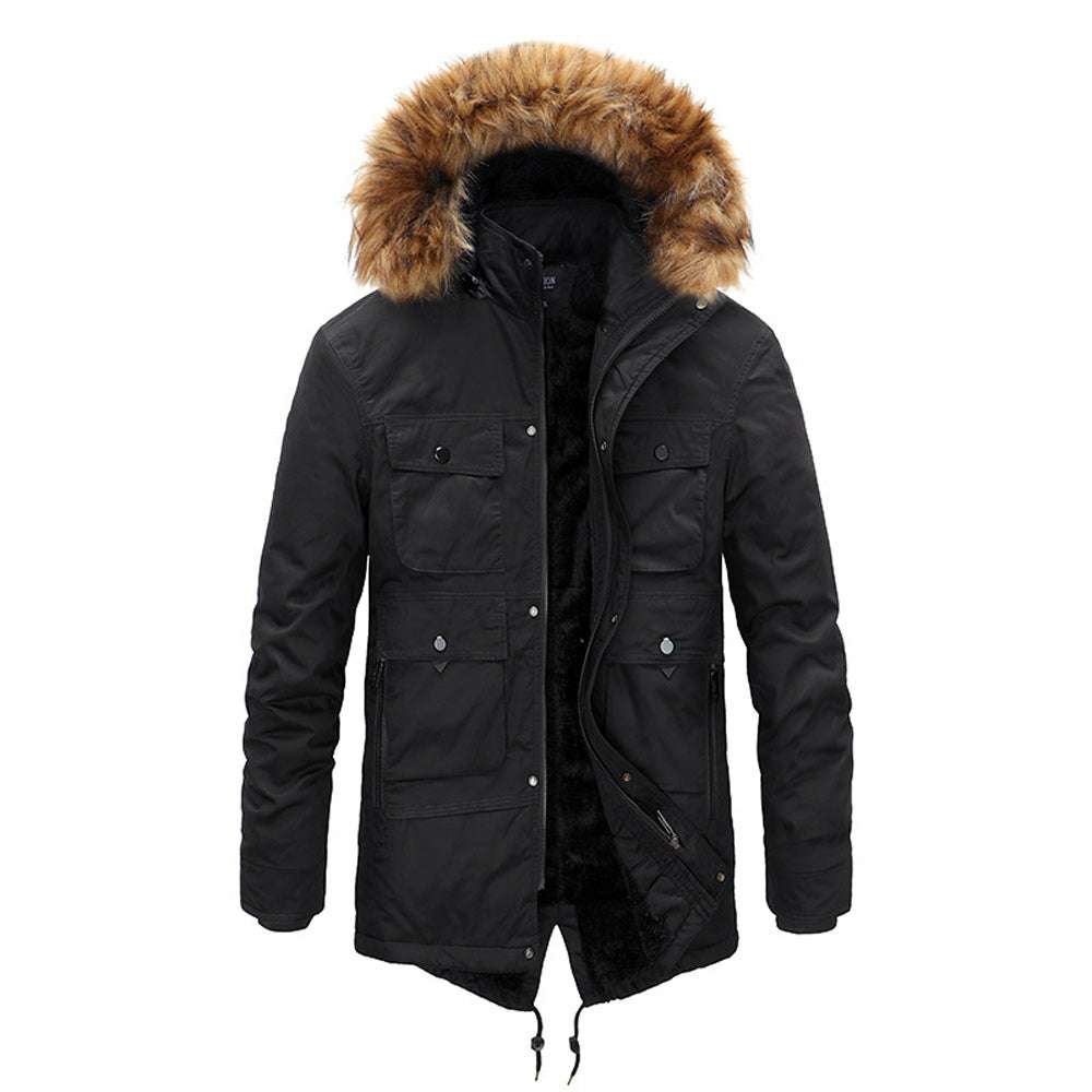 Winter new hooded men's thickened fur collar cotton coat