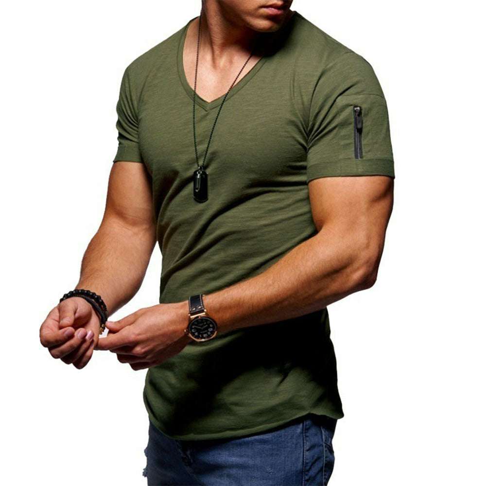 Men's Zipper Short Sleeve V-Neck T-Shirt