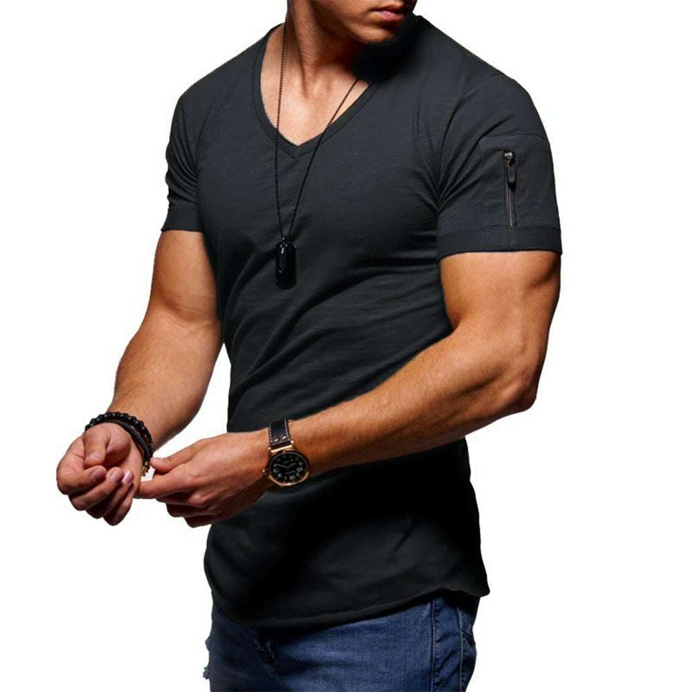 Men's Zipper Short Sleeve V-Neck T-Shirt