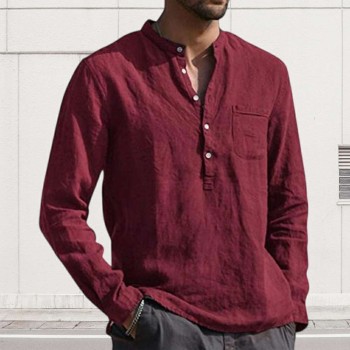 Men's Long Sleeve V Neck Casual Beach Linen Shirt