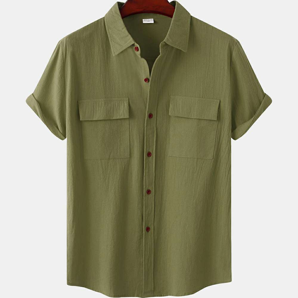 Solid color double pocket linen short sleeve shirt for men Solid color double pocket linen short sleeve shirt for men
