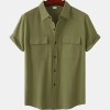 Solid color double pocket linen short sleeve shirt for men Solid color double pocket linen short sleeve shirt for men