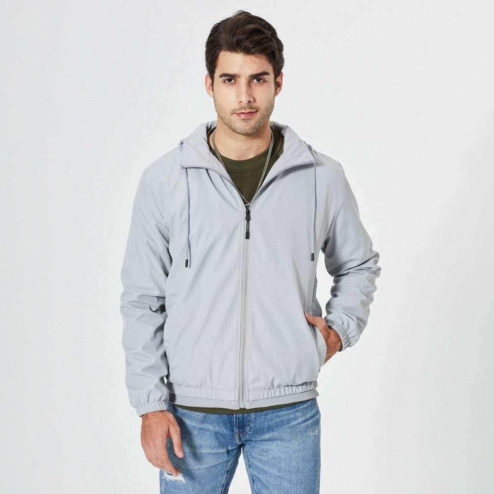 Men's Solid Color Stand Collar Hooded Jacket