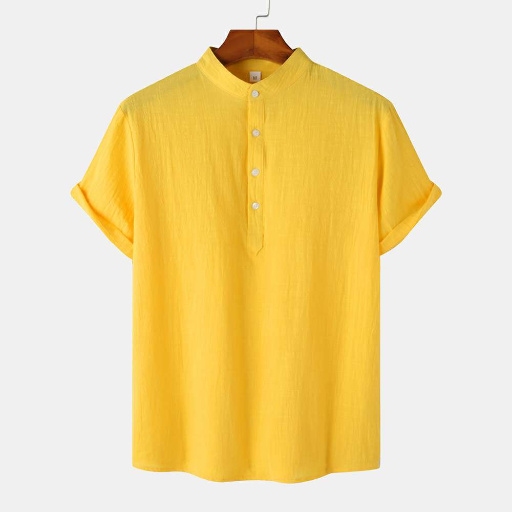 Cotton Linen Stand Collar Casual Short Sleeve Shirt Beach T-Shirt Cotton Linen Stand Collar Casual Short Sleeve Shirt Beach T-Shirt