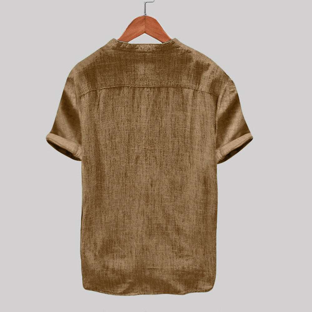 Men's stand collar short sleeve cotton linen shirt