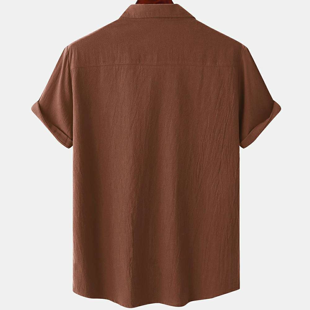Solid color double pocket linen short sleeve shirt for men Solid color double pocket linen short sleeve shirt for men