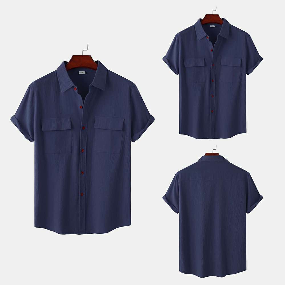 Solid color double pocket linen short sleeve shirt for men Solid color double pocket linen short sleeve shirt for men