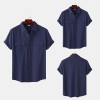 Solid color double pocket linen short sleeve shirt for men Solid color double pocket linen short sleeve shirt for men