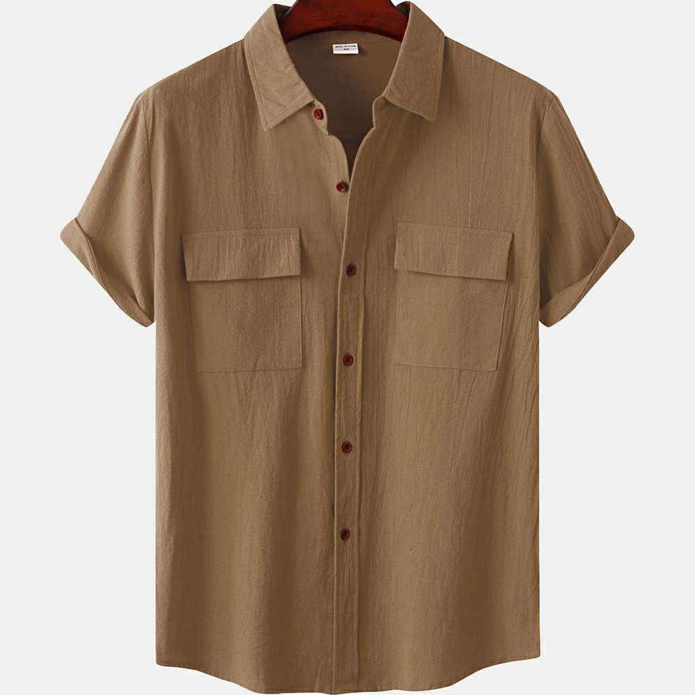 Solid color double pocket linen short sleeve shirt for men Solid color double pocket linen short sleeve shirt for men
