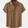 Solid color double pocket linen short sleeve shirt for men Solid color double pocket linen short sleeve shirt for men